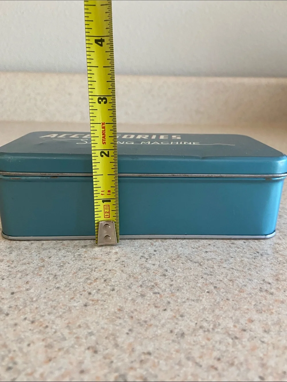 Vintage Sewing Machine Accessories Tin Blue Metal Storage Box